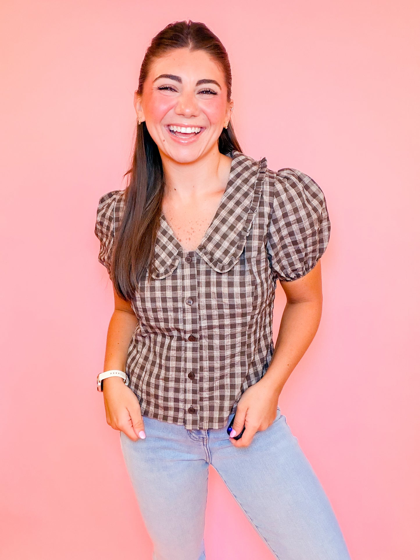 RUFFLE COLLAR GINGHAM BUTTON TOP