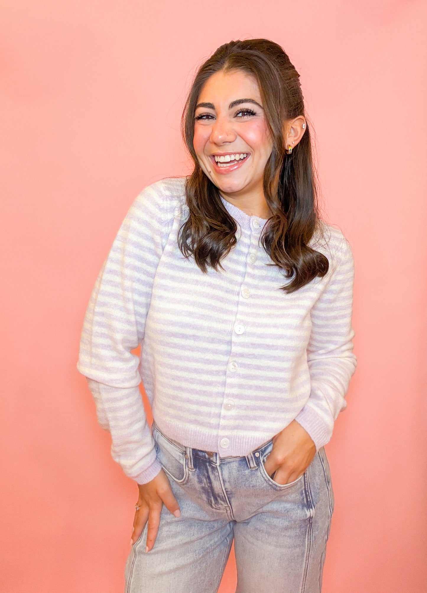 STRIPED SWEATER CARDIGAN - LAVENDER
