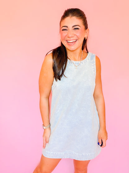 HIGH NECK LOW BACK DENIM DRESS