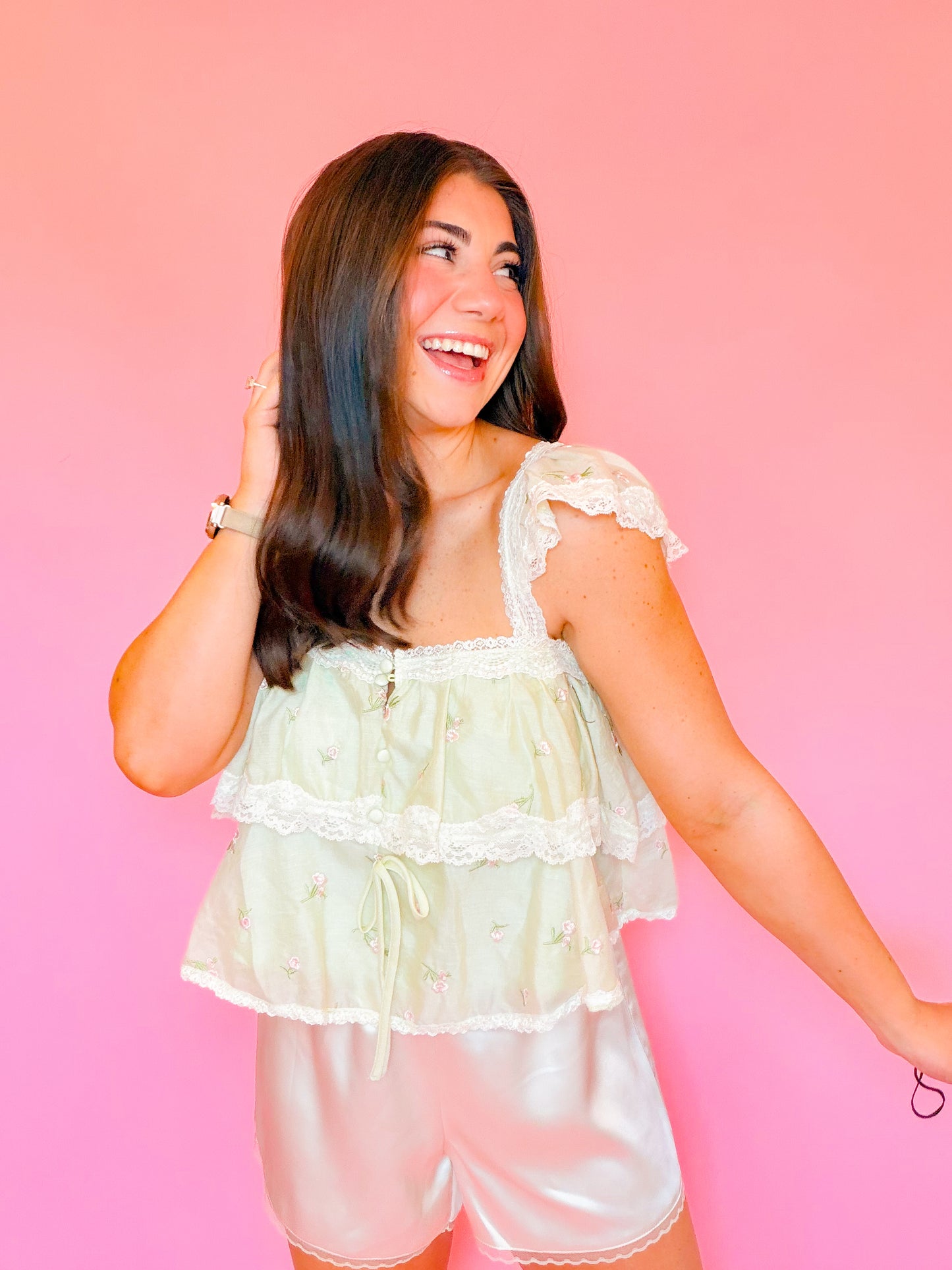 LACE TRIMMED TIERED RUFFLE TOP - SAGE