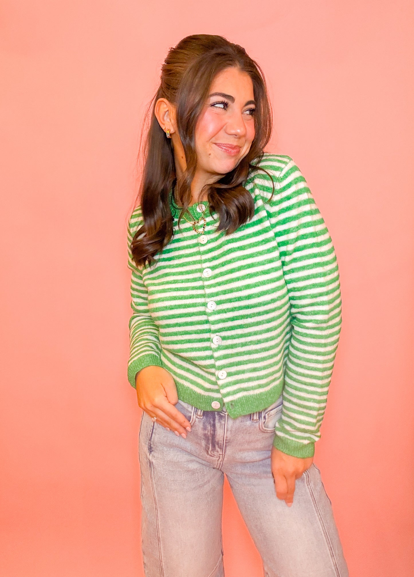 STRIPED SWEATER CARDIGAN - KELLY GREEN