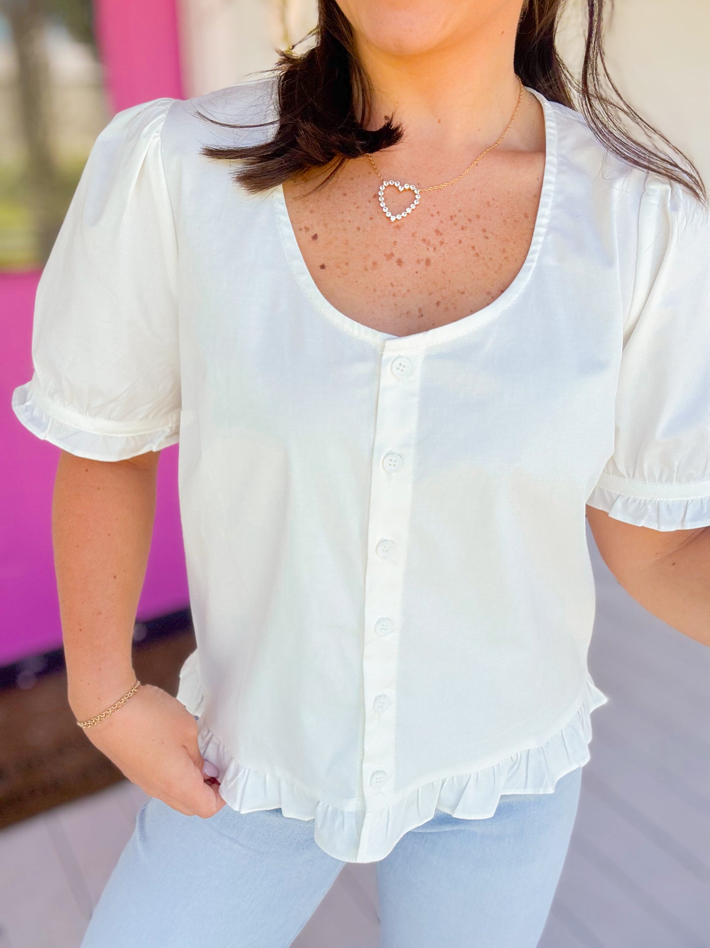 BUTTON UP RUFFLE BLOUSE