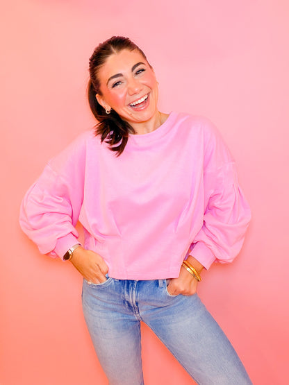 PUFF SLEEVE PLEATED TOP - BUBBLE GUM