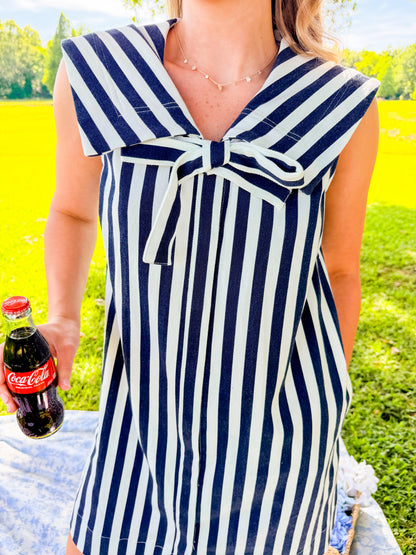 COLLAR + BOW STRIPED DENIM DRESS