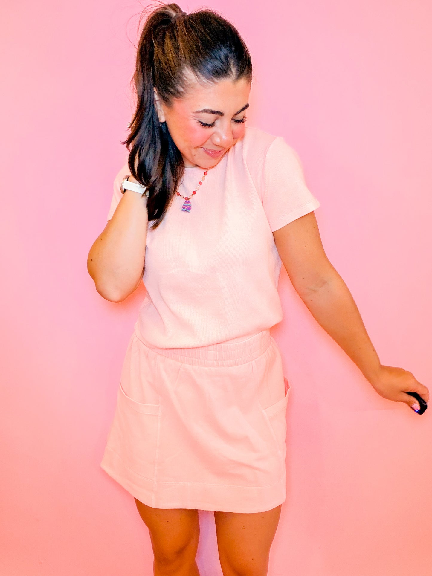 WASHED KNIT TOP + SKIRT SET - PEACH
