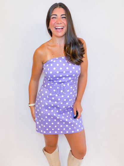 STRAPLESS POLKA DOT DENIM MINI DRESS WITH BELT