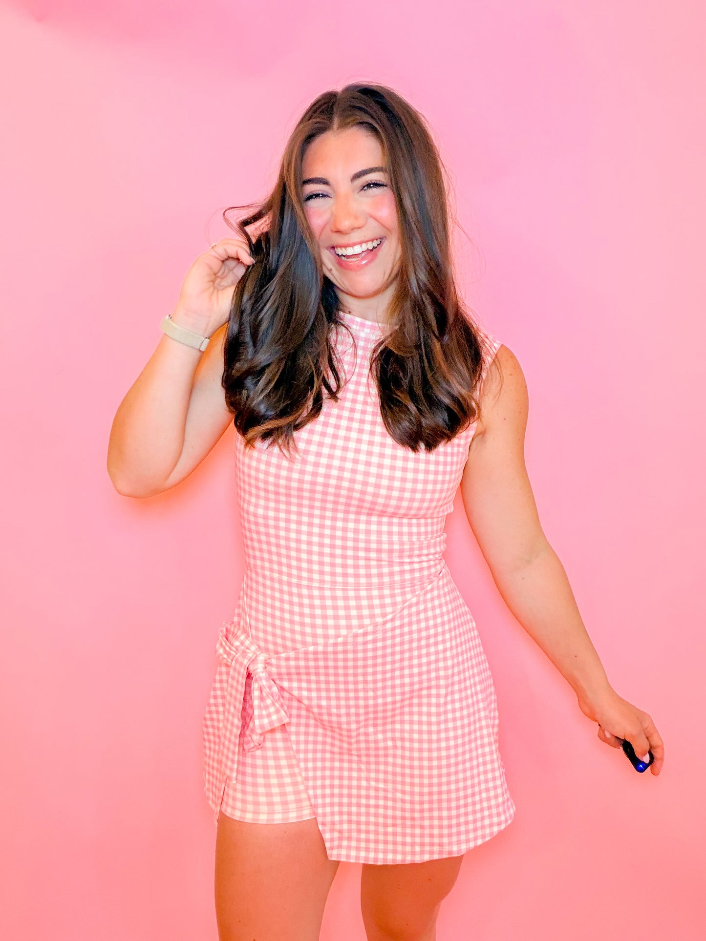 SLEEVELESS WRAP TIE ATHLETIC DRESS - PINK GINGHAM