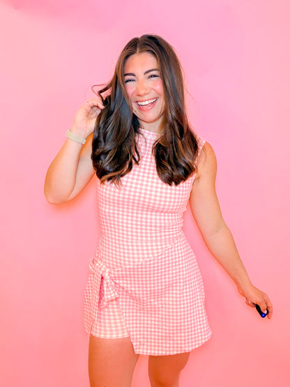 SLEEVELESS WRAP TIE ATHLETIC DRESS - PINK GINGHAM