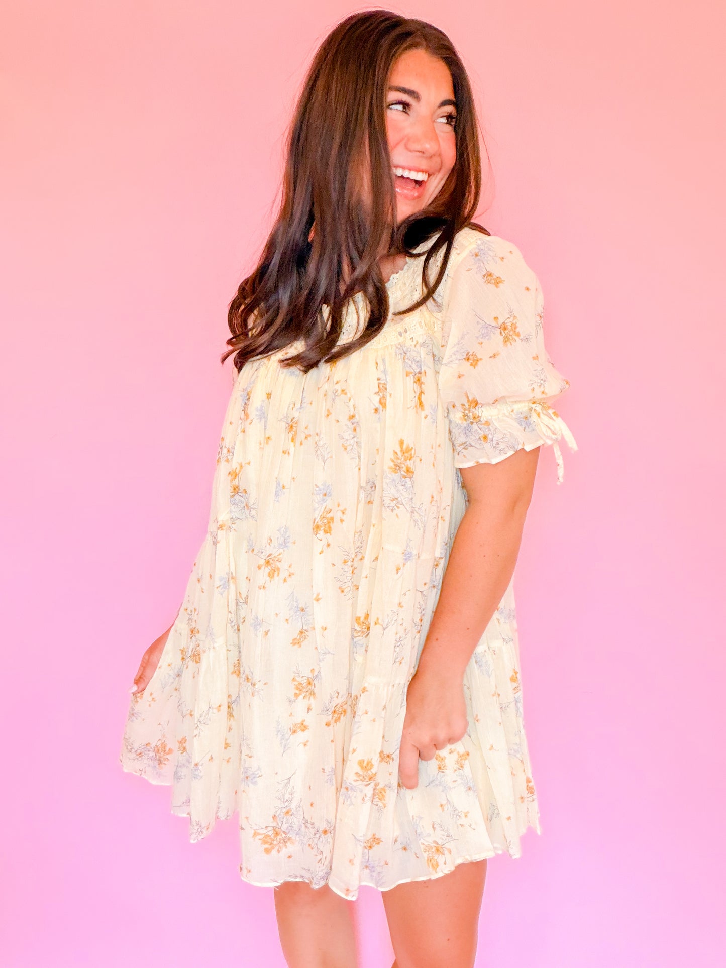 CROCHET FLORAL TIERED DRESS - BUTTER