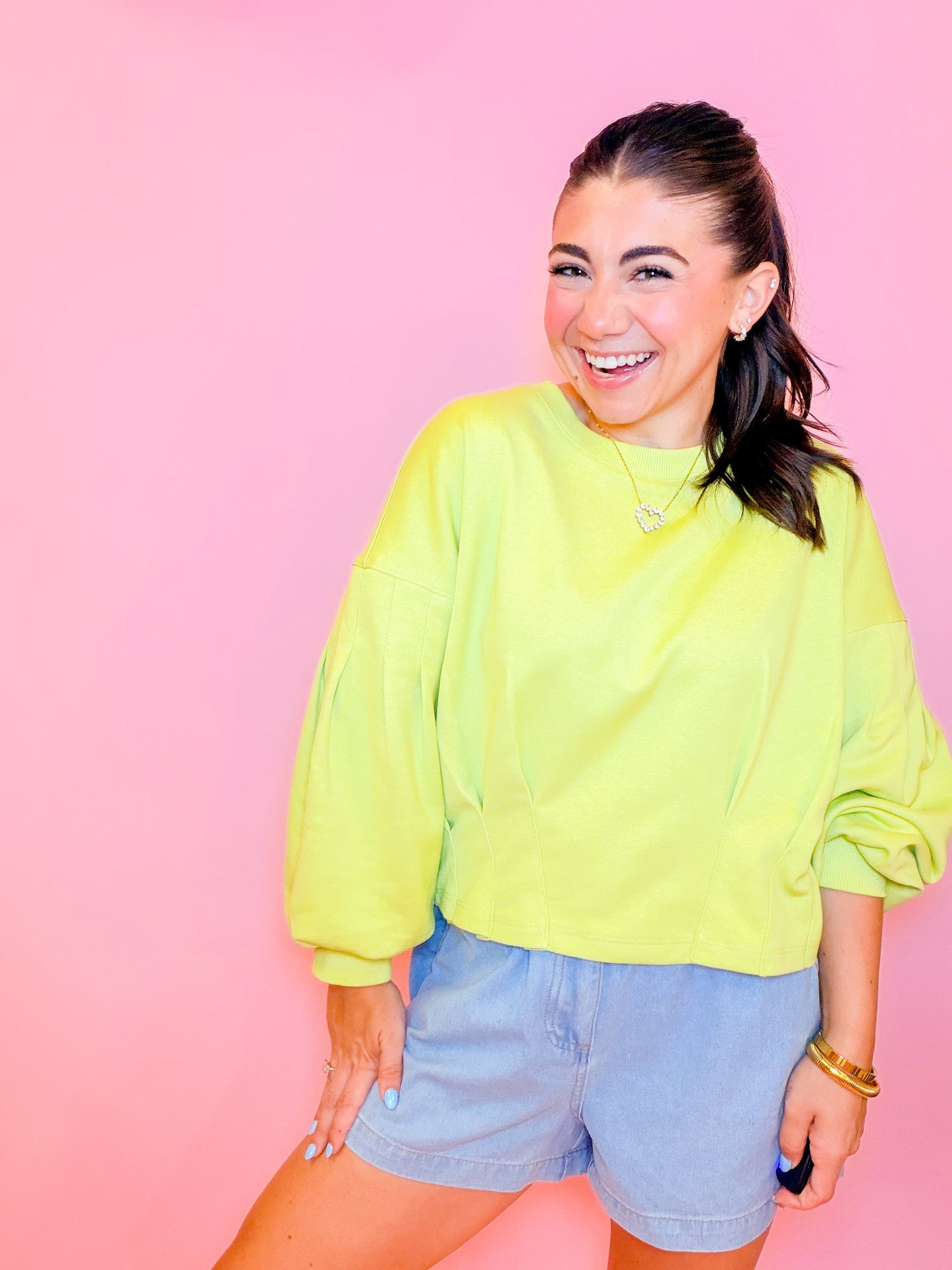 PUFF SLEEVE PLEATED TOP - CHARTREUSE