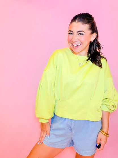 PUFF SLEEVE PLEATED TOP - CHARTREUSE