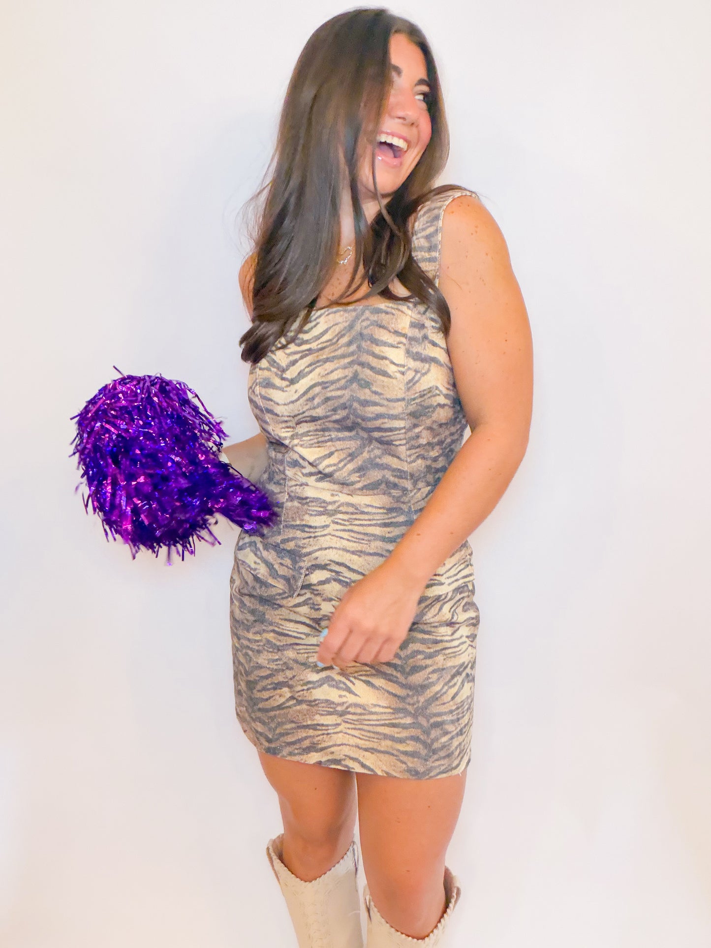TIGER PRINT DENIM MINI DRESS WITH FLAPS
