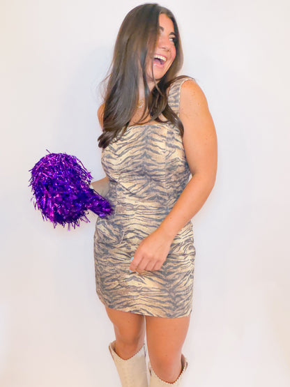 TIGER PRINT DENIM MINI DRESS WITH FLAPS