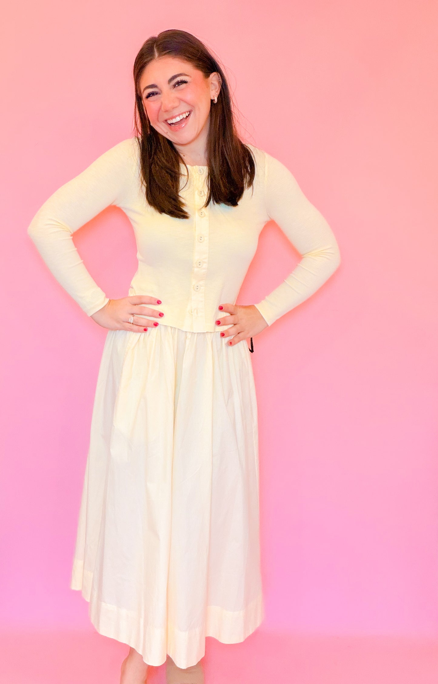 POPLIN ELASTIC WAIST MIDI SKIRT - BUTTER
