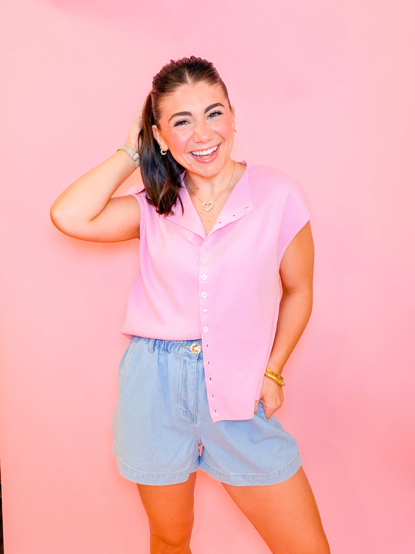 CAP SLEEVE LIGHTWEIGHT SWEATER - LIGHT PINK