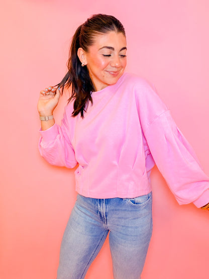 PUFF SLEEVE PLEATED TOP - BUBBLE GUM
