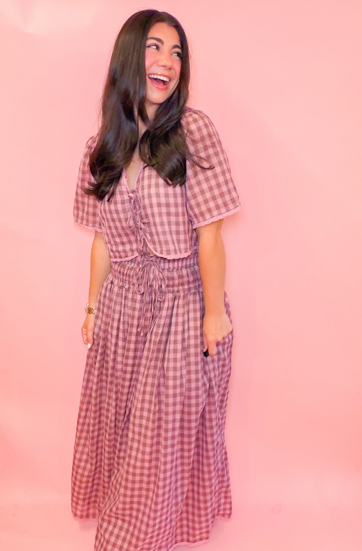 FRONT TIE TOP + MIDI SKIRT SET - MAUVE GING.