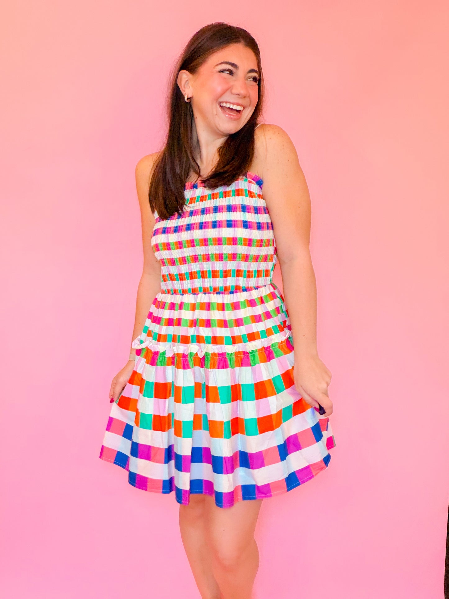 MULTI GINGHAM SMOCKED MINI DRESS