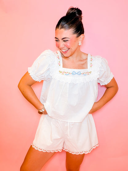EMBROIDERED SQUARE NECK TOP & SHORT SET - WHITE