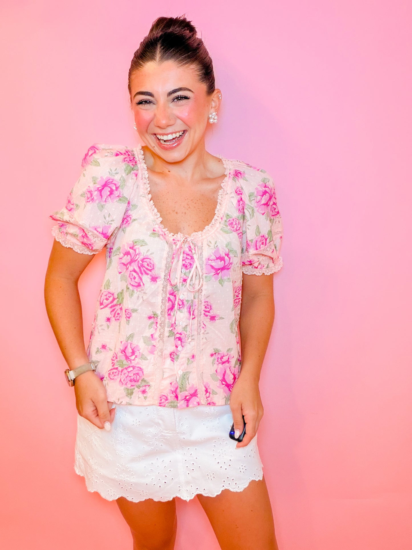 PINK FLORAL LACE TOP