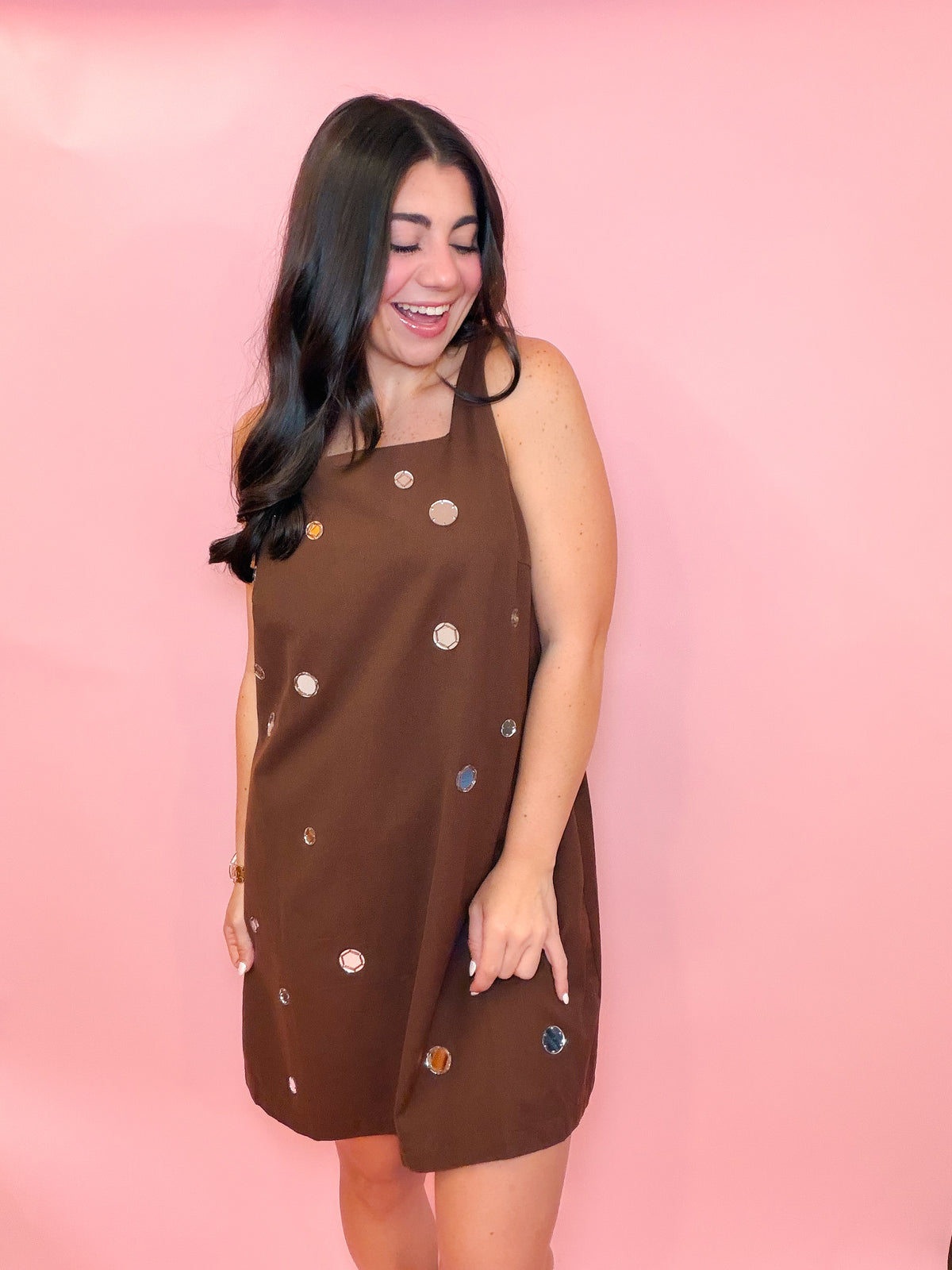 MIRROR EMBELLISHED A-LINE MINI DRESS - CHOCOLATE