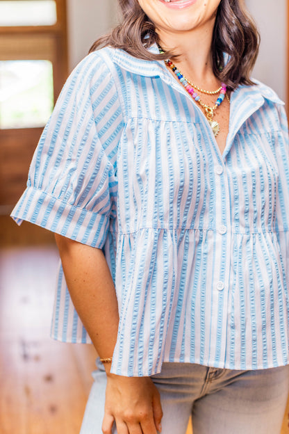 STRIPED BABYDOLL BUTTON DOWN TOP