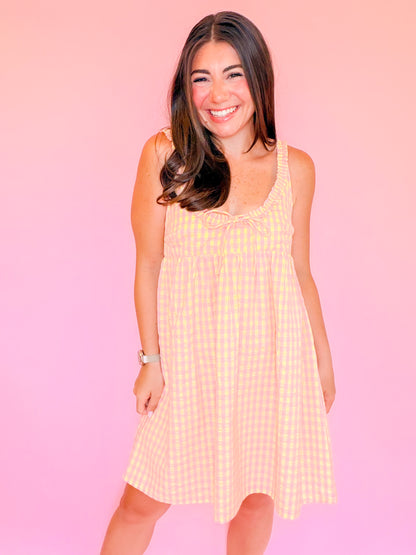 GINGHAM BABYDOLL TIE DRESS - PINK/YELLOW