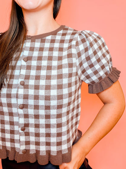 KNIT RUFFLED GINGHAM CARDIGAN TOP