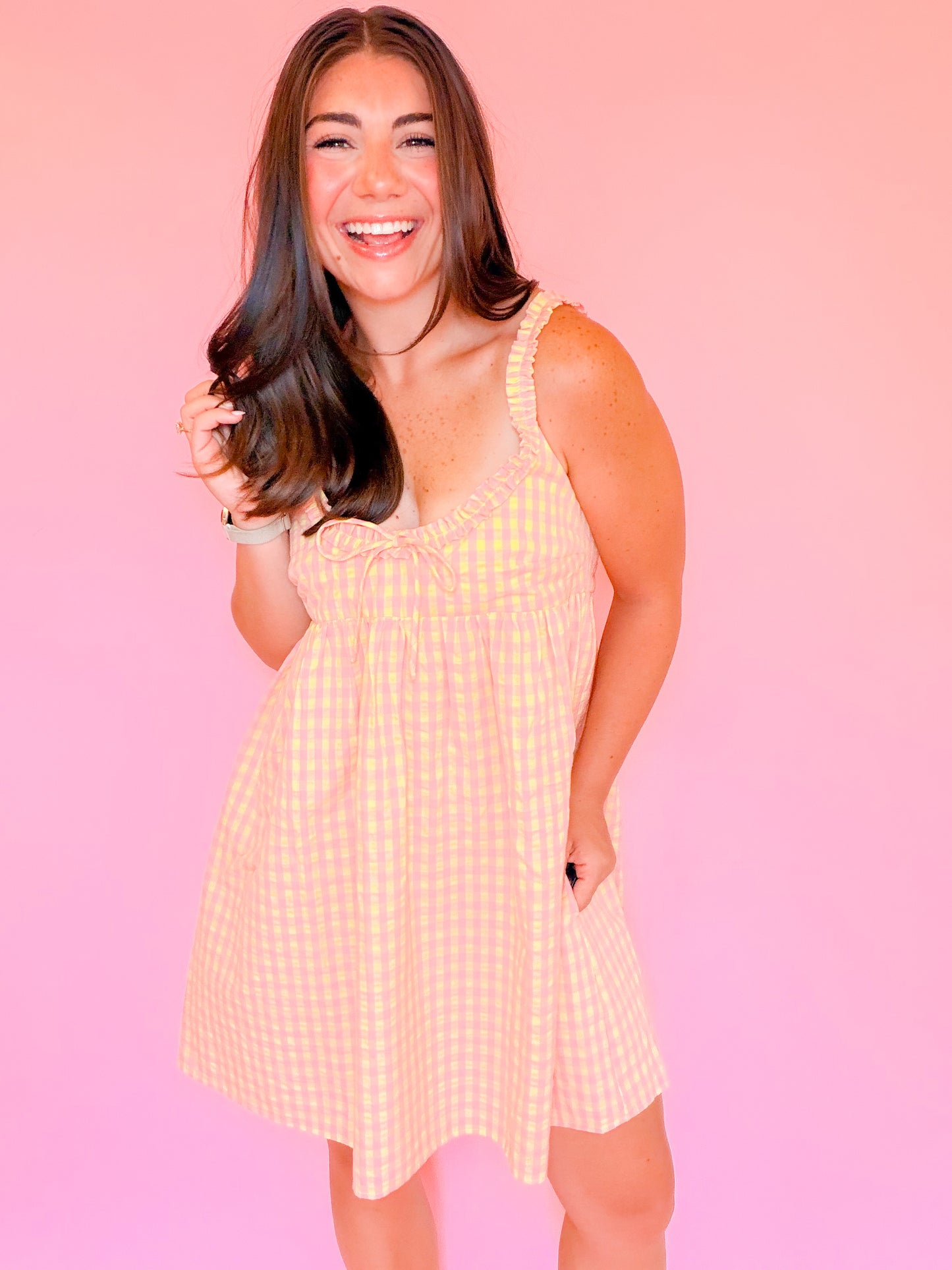 GINGHAM BABYDOLL TIE DRESS - PINK/YELLOW