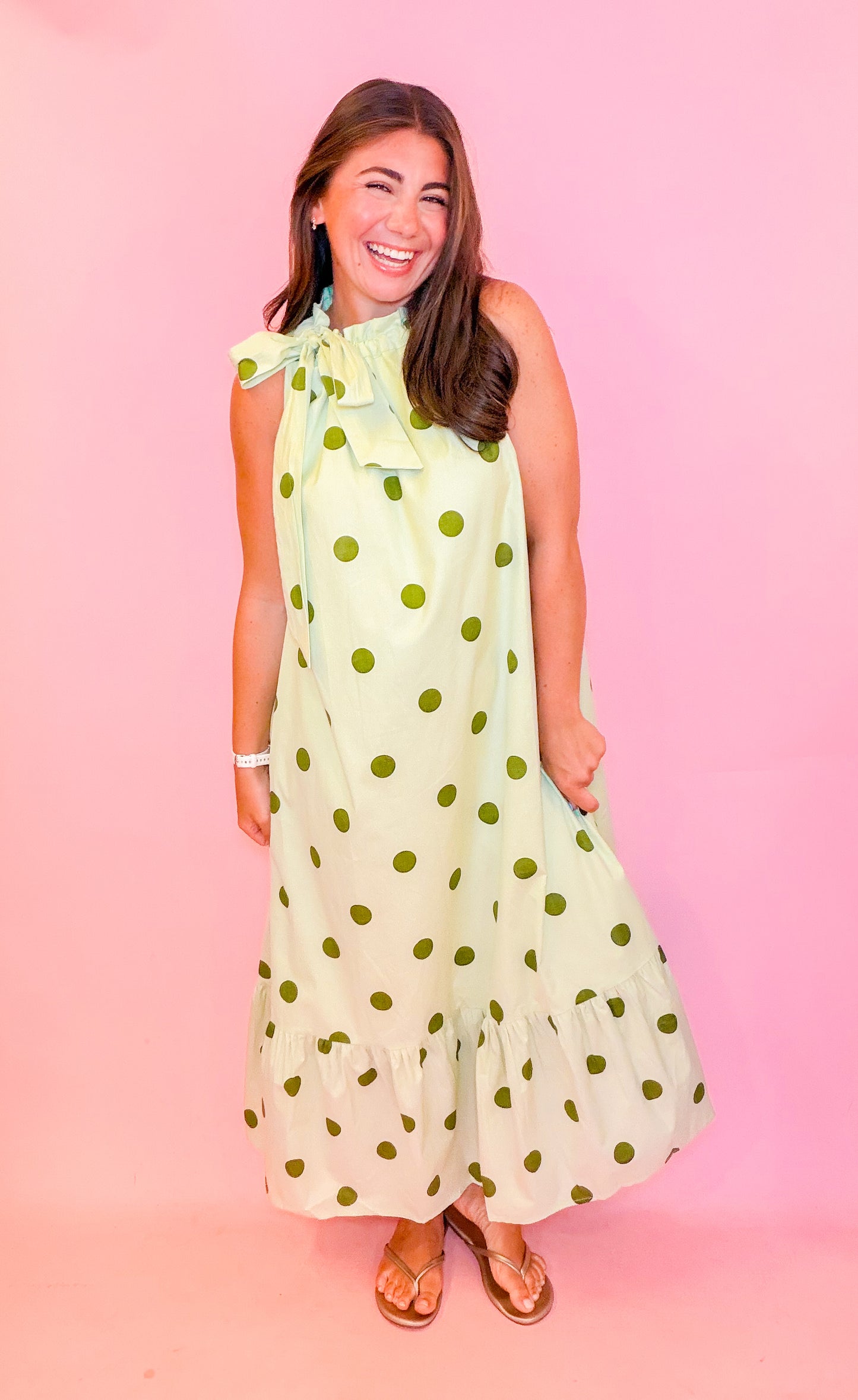 RUFFLE NECK TIE POLKA DOT MIDI DRESS