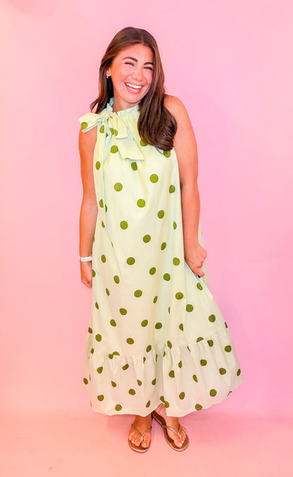 RUFFLE NECK TIE POLKA DOT MIDI DRESS