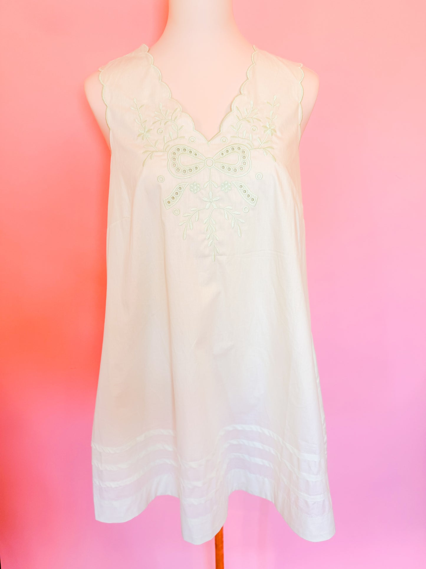 EMBROIDERED SCALLOP V-NECK MINI DRESS