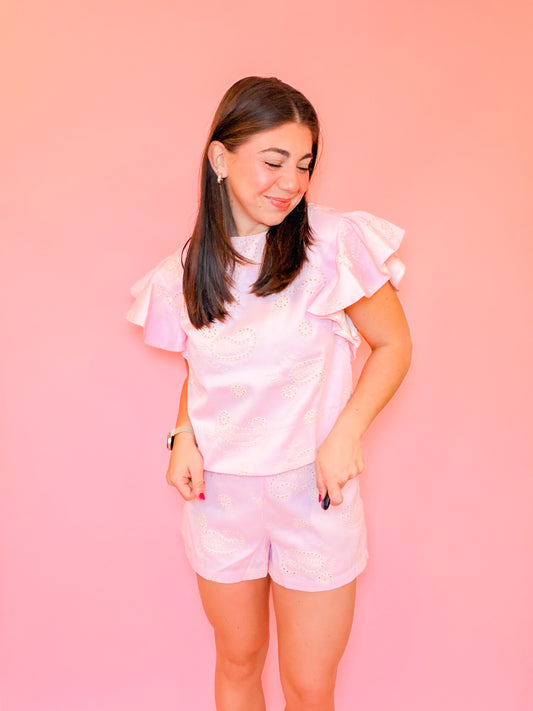 EYELET EMBROIDERD FLUTTER SLV TOP & SHORT SET