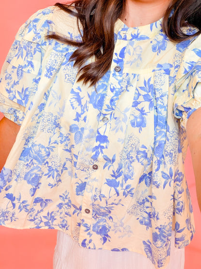 PUFF SLV BUTTON DOWN TOP - BUTTER/BLUE