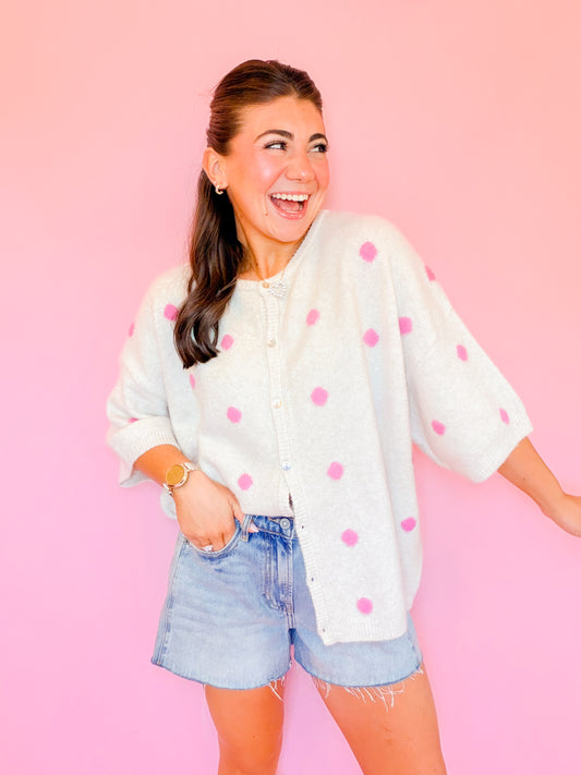 SHORT SLEEVE CREW NECK POLKA DOT CARDIGAN - PINK