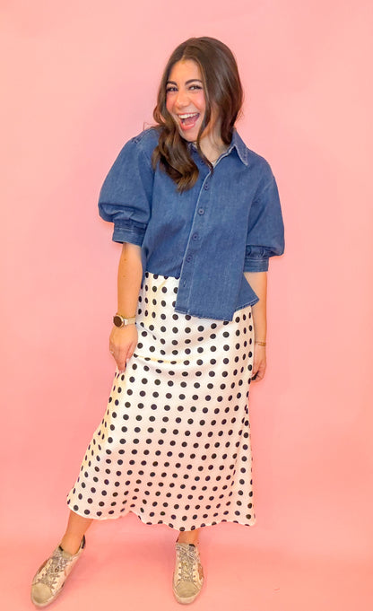 PUFF SLV BUTTON DOWN DENIM TOP