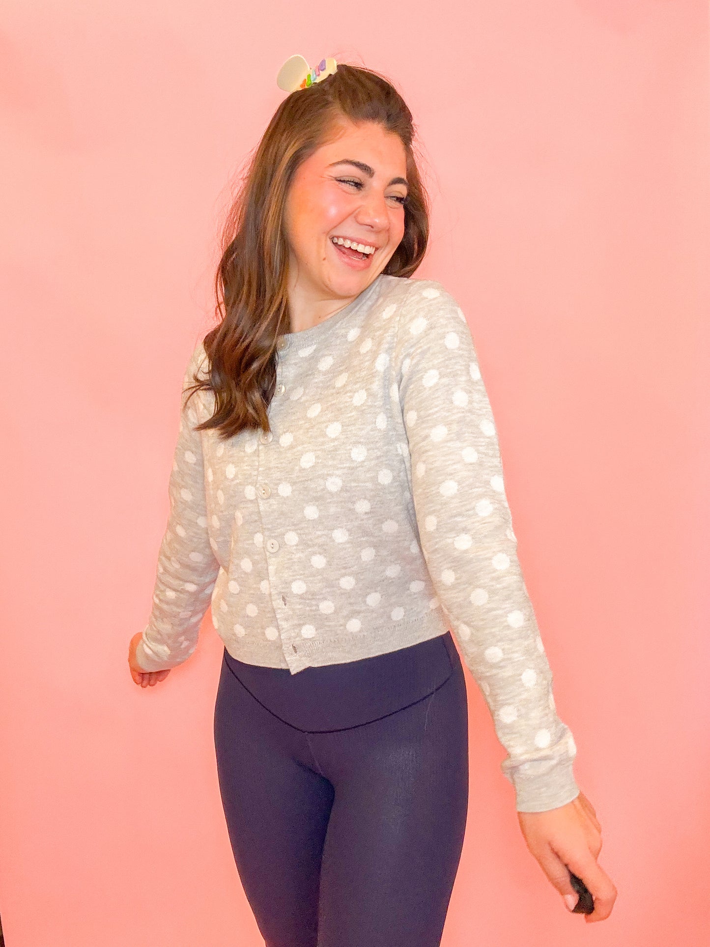 POLKA DOT SWEATER CARDIGAN - HEATHER GREY