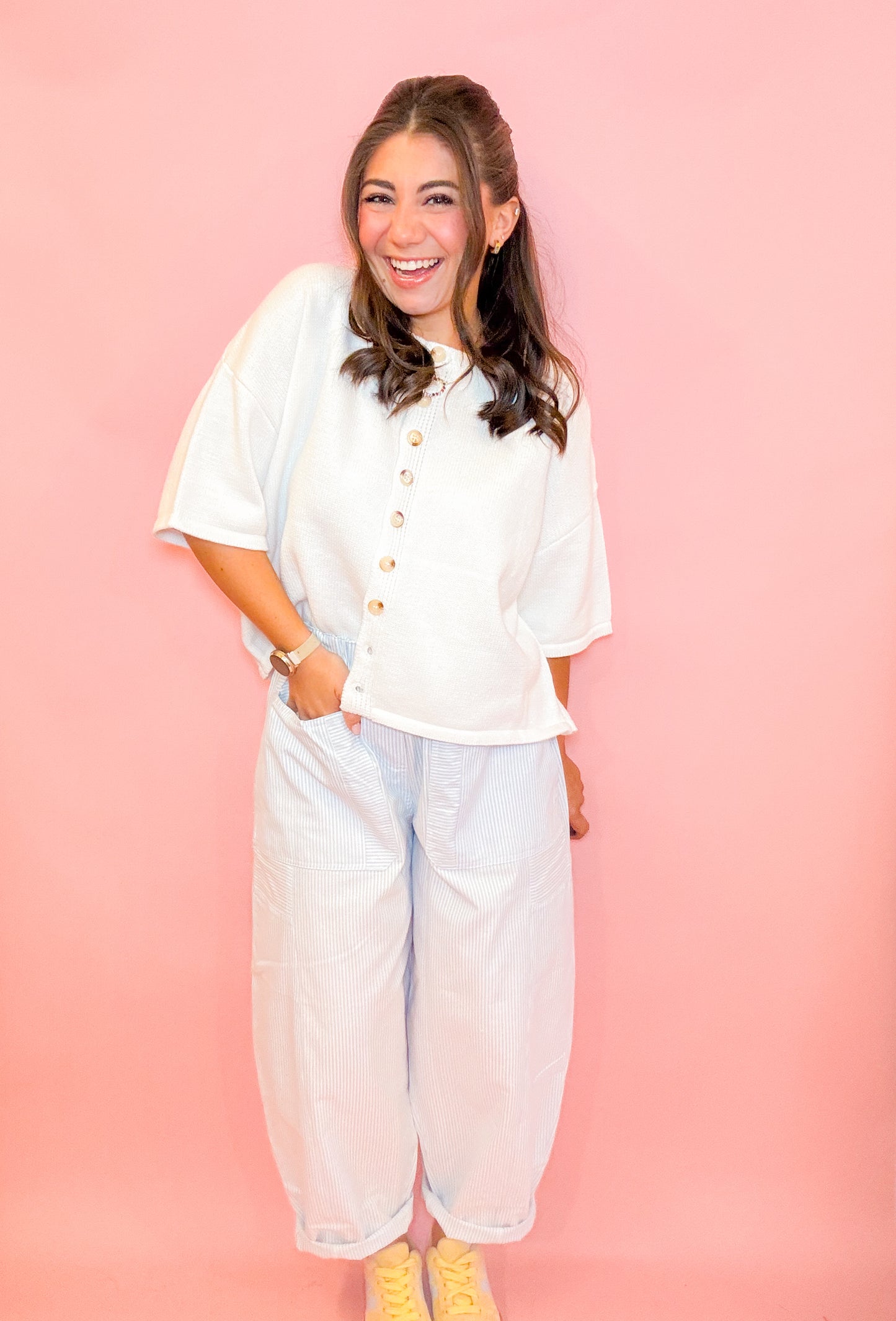 STRIPED OXFORD WIDE POCKET BARREL PANTS