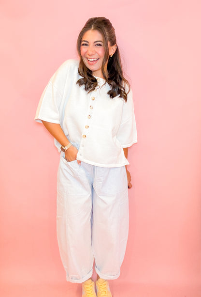 STRIPED OXFORD WIDE POCKET BARREL PANTS