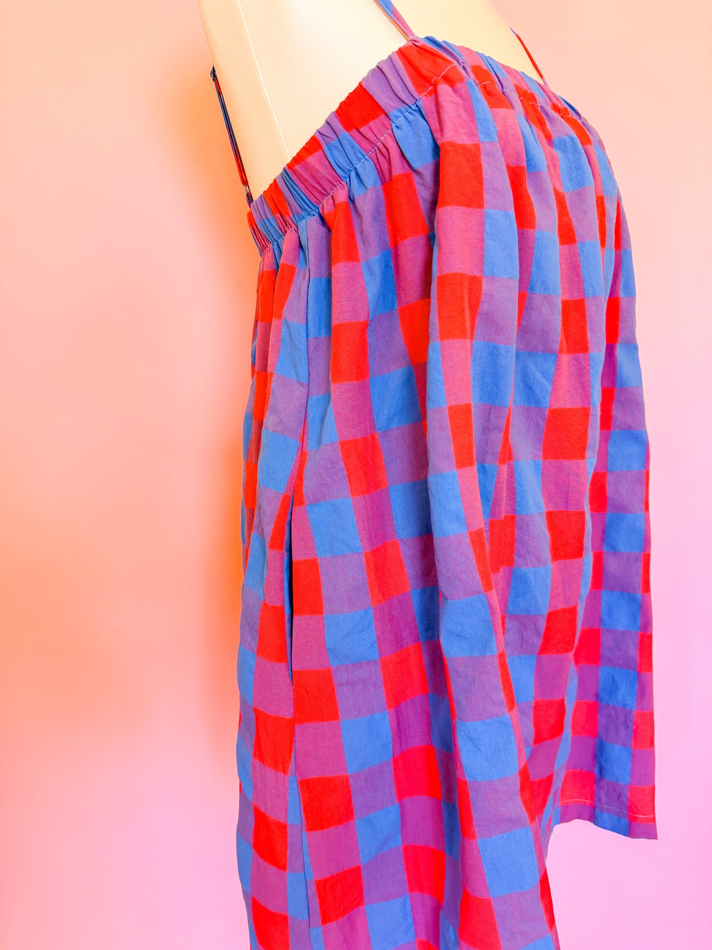 PLAID CAMI MINI DRESS - CHERRY/BLUE