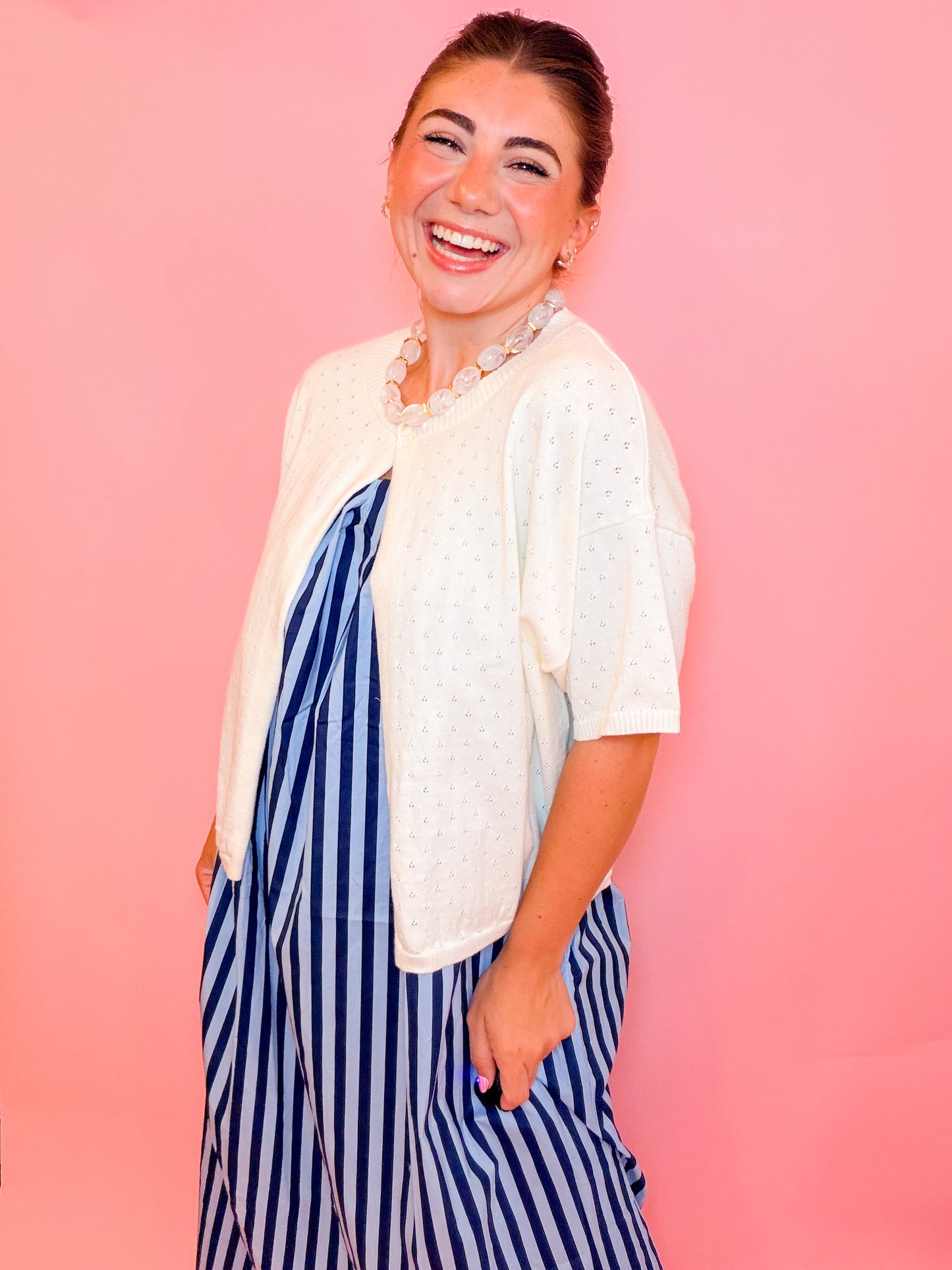 POINTELLE SINGLE BUTTON CARDIGAN - IVORY