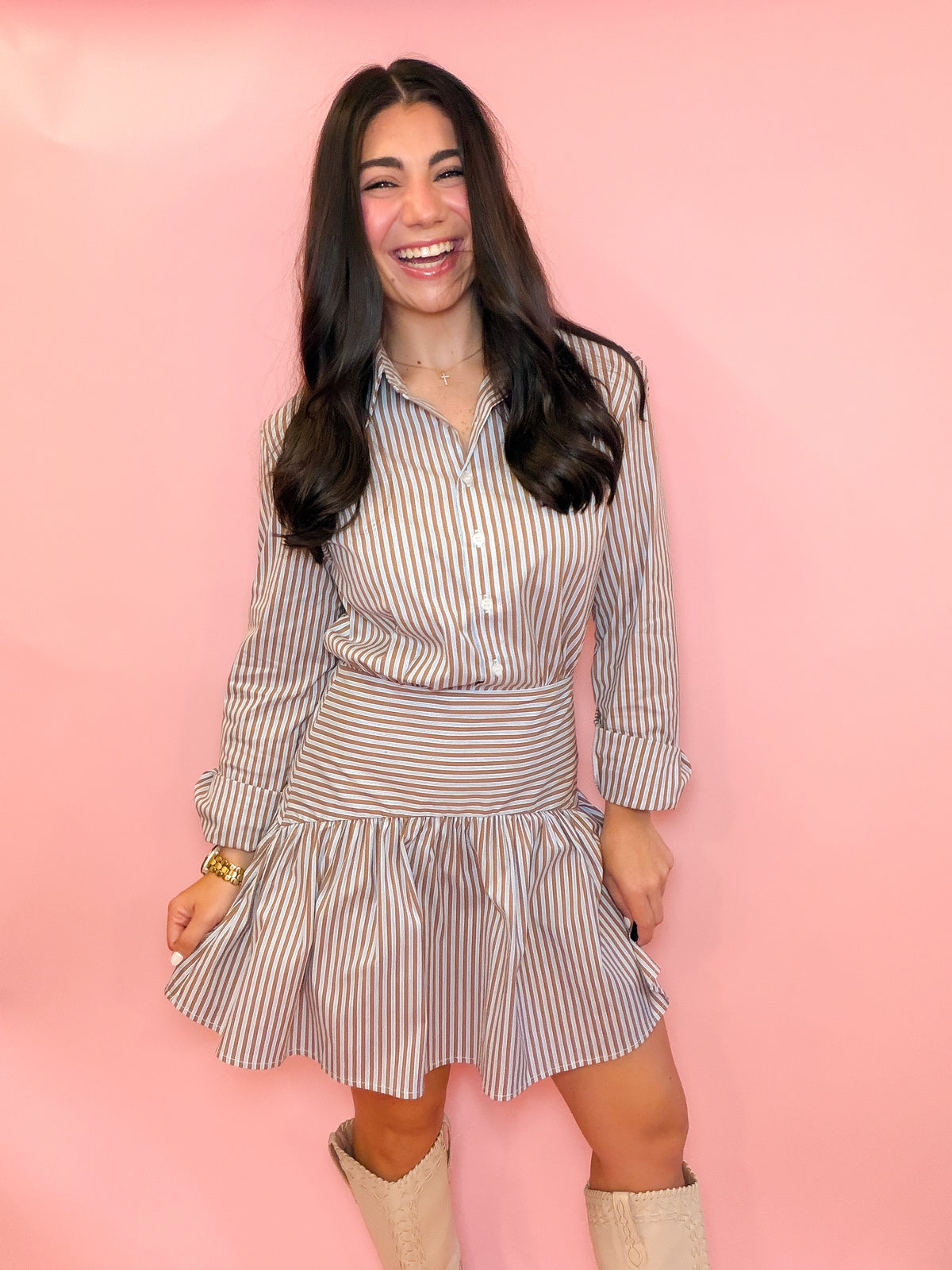 STRIPED DROP WAIST POPLIN DRESS