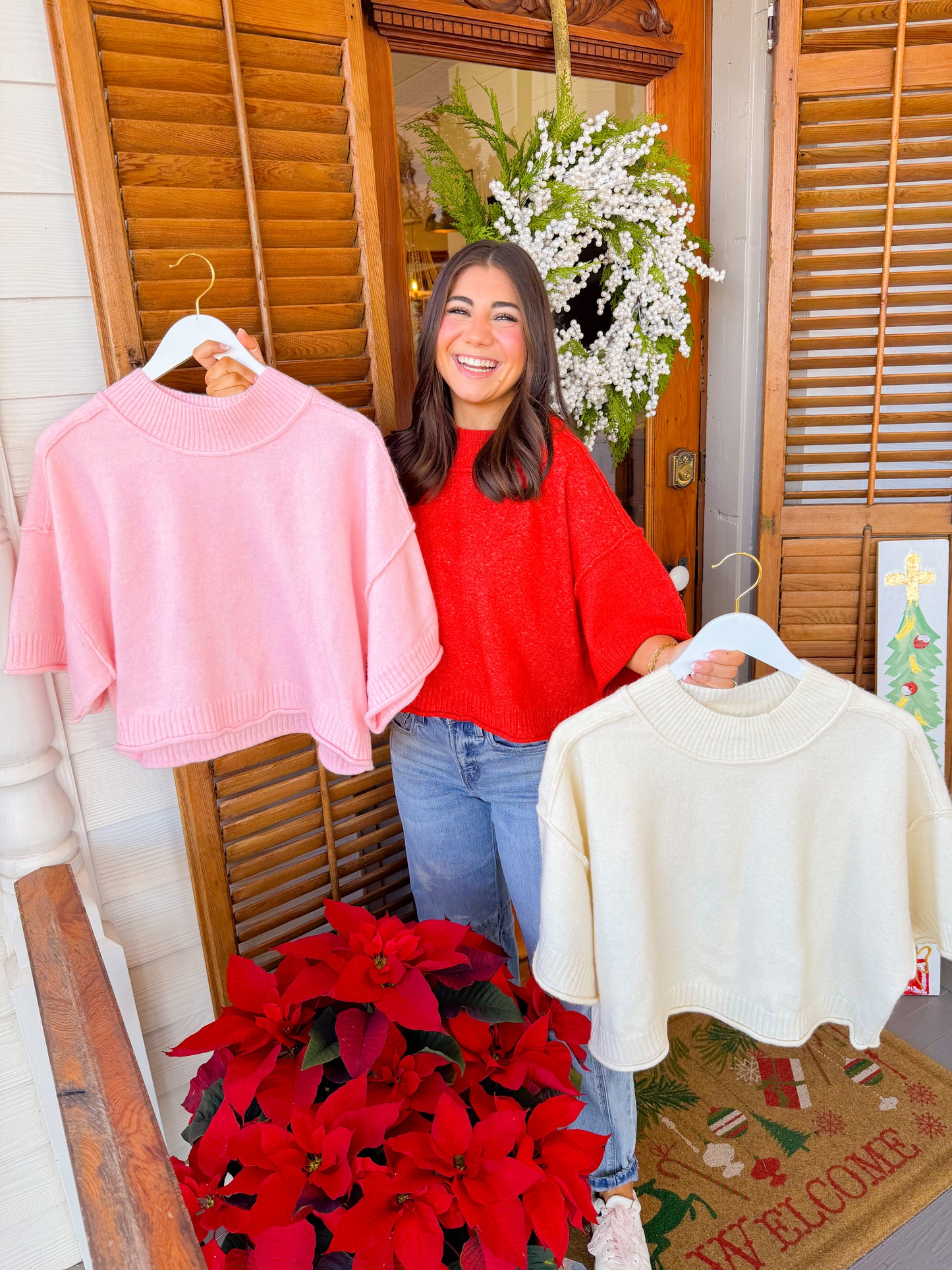 MOCK NECK SHORT SLEEVE SWEATER - RED