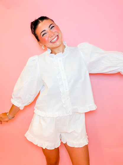 RUFFLE LINEN SHIRT + SHORTS SET