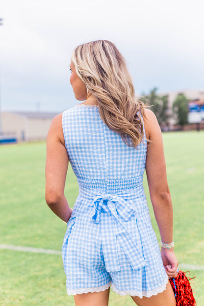 GINGHAM PLAID LACE TRIM ROMPER