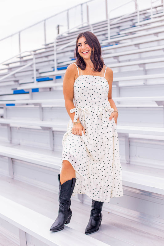POLKA DOT TIERED MIDI DRESS