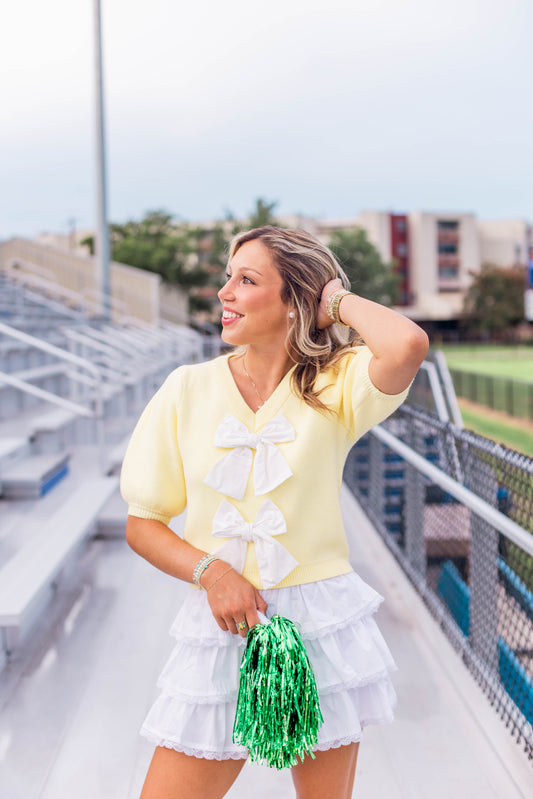 PUFF SLEEVE BOW FRONT SWEATER TOP