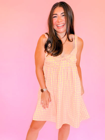 GINGHAM BABYDOLL TIE DRESS - PINK/YELLOW