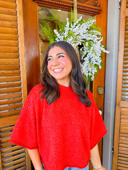 MOCK NECK SHORT SLEEVE SWEATER - RED