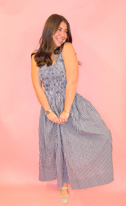 GINGHAM SMOCKED MIDI DRESS